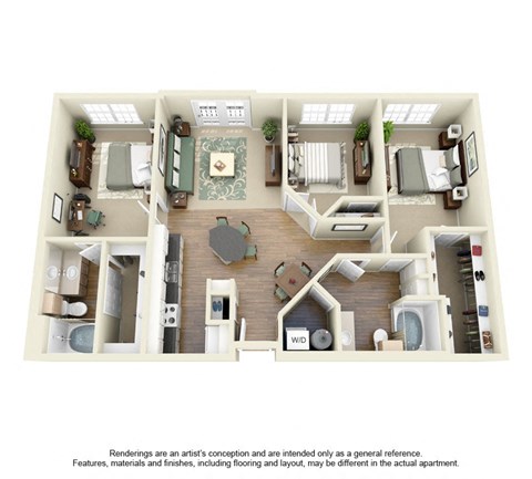 Floor plan for 3 beds, 2 baths, 1274 sqft